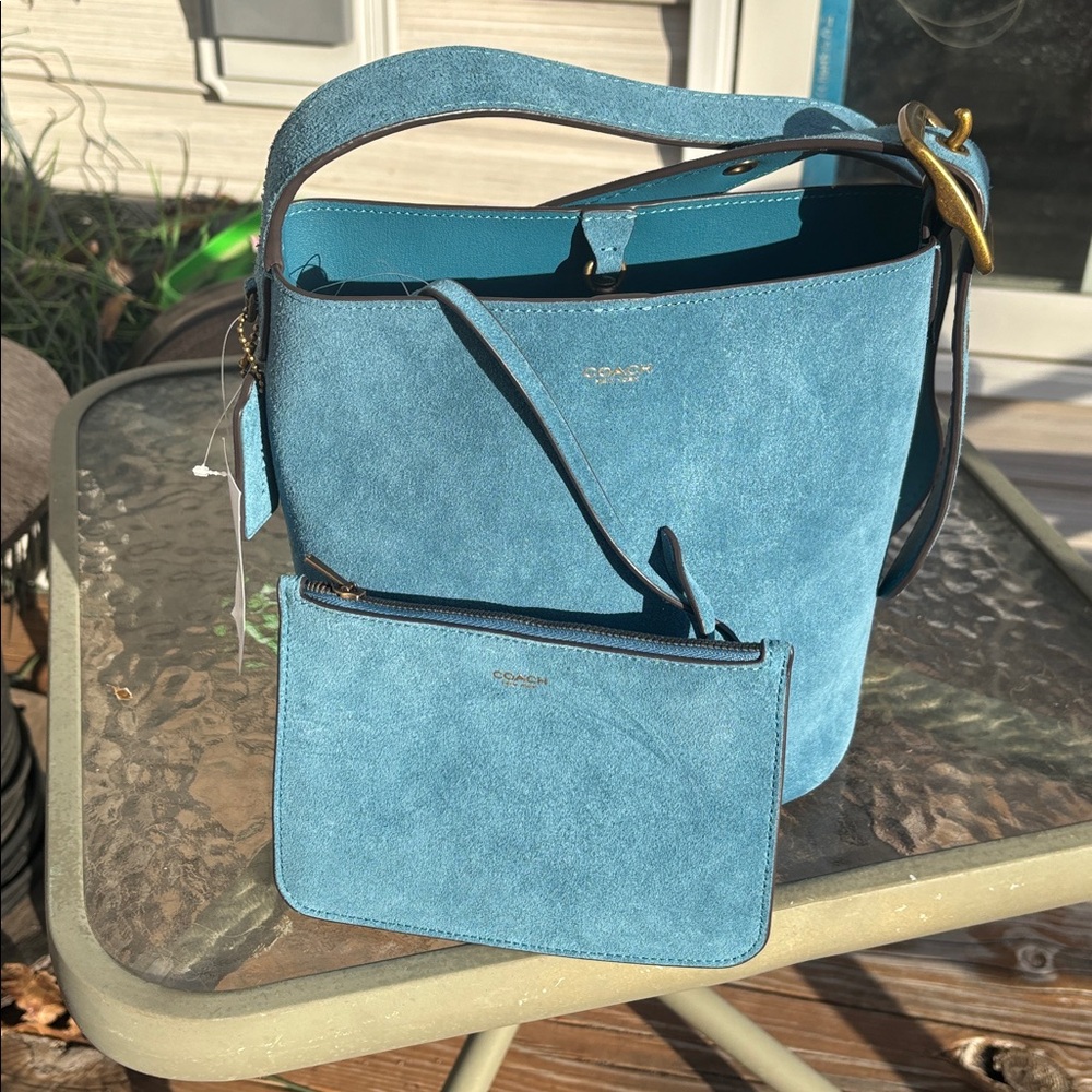 Coach Bleecker Bucket Bag 21 Sea Blue Suede NWT - Picture 5 of 12